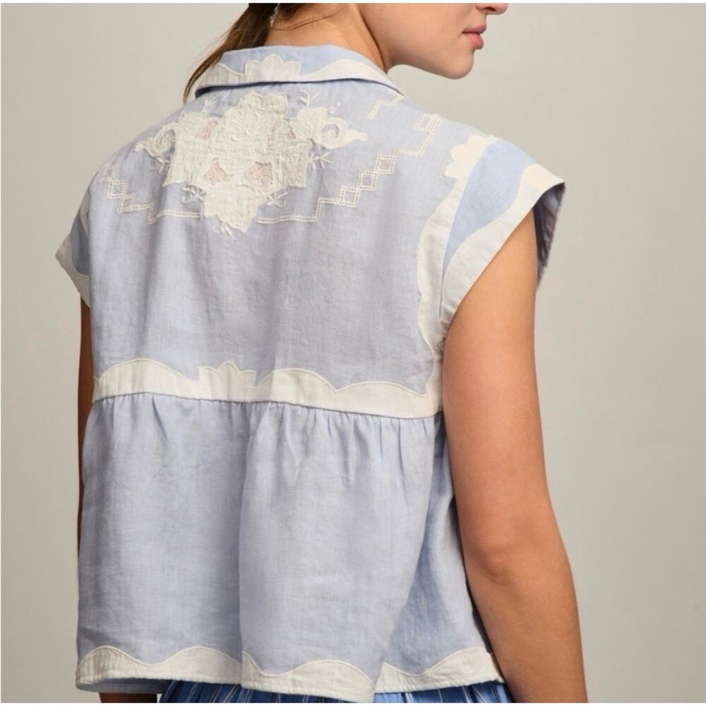 LIKE NEW Anthropologie Light Blue and Cream Short Sleeve Peplum Button Top - Picture 2 of 14